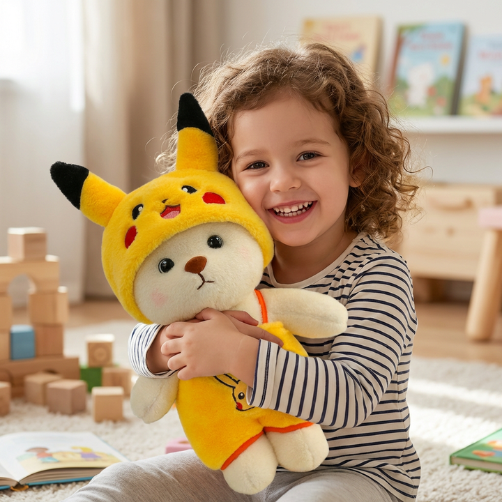 Kids' plush bear dressed as a superhero, a fun character toy & cuddly companion. Great for imaginative play.