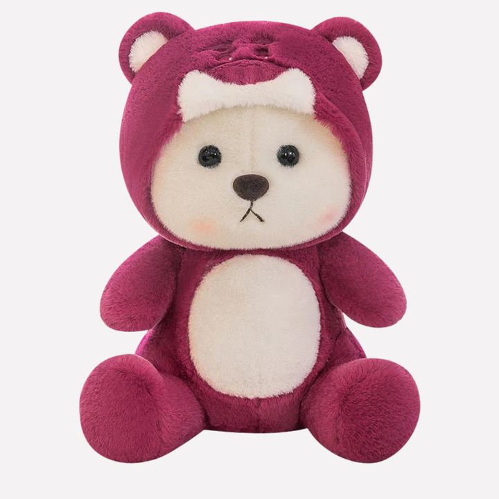 Close-up of a soft, cuddly plush bear toy's friendly face. A comforting stuffed animal for toddlers & kids.