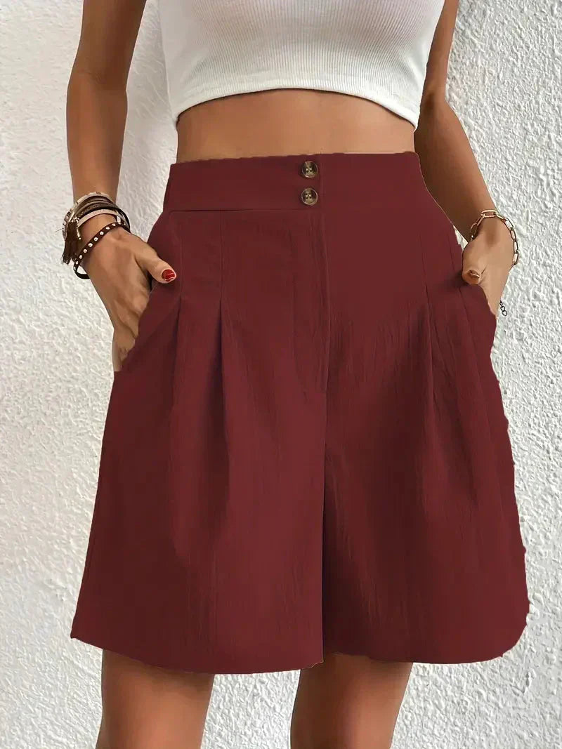 "Damen High Waist Shorts aus Leinen mit schrägen Taschen, elegante Passform, ideal für Sommerkleidung, hintere Ansicht"
