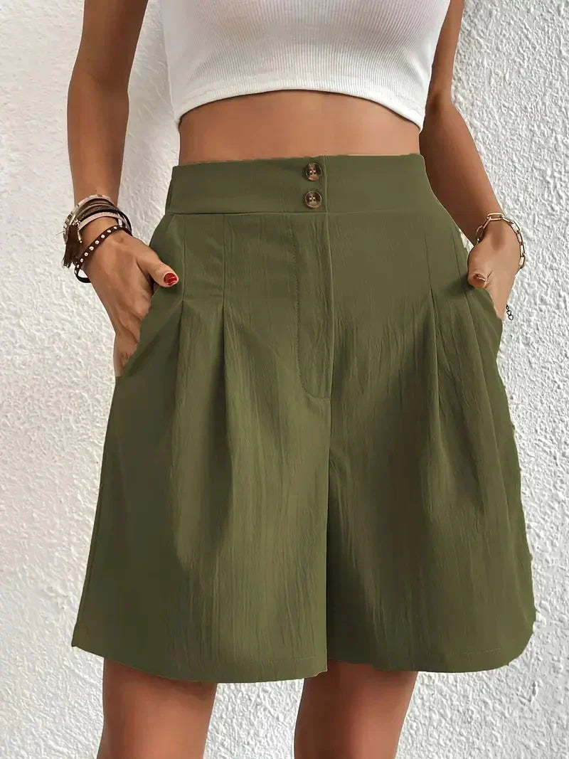 "Damen High Waist Shorts aus Leinen mit schrägen Taschen, elegante Passform, ideal für Sommerkleidung, hintere Ansicht"