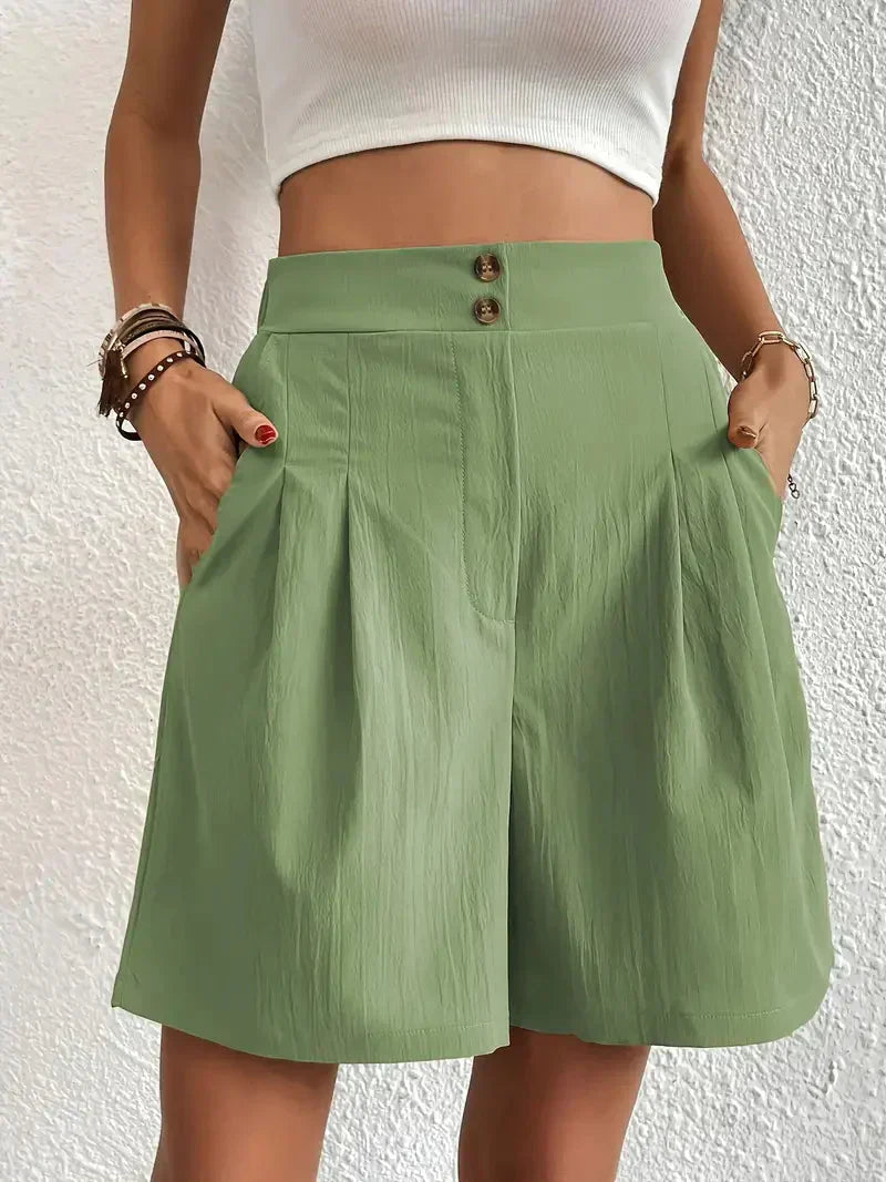 "Damen High Waist Shorts aus Leinen mit schrägen Taschen, elegante Passform, ideal für Sommerkleidung, hintere Ansicht"