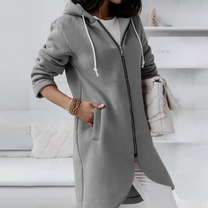 "Damen Hoodiejacke mit Reißverschluss, sportlicher Look, Kapuze, große Taschen, ideal für Alltag, bequemer Tragekomfort."