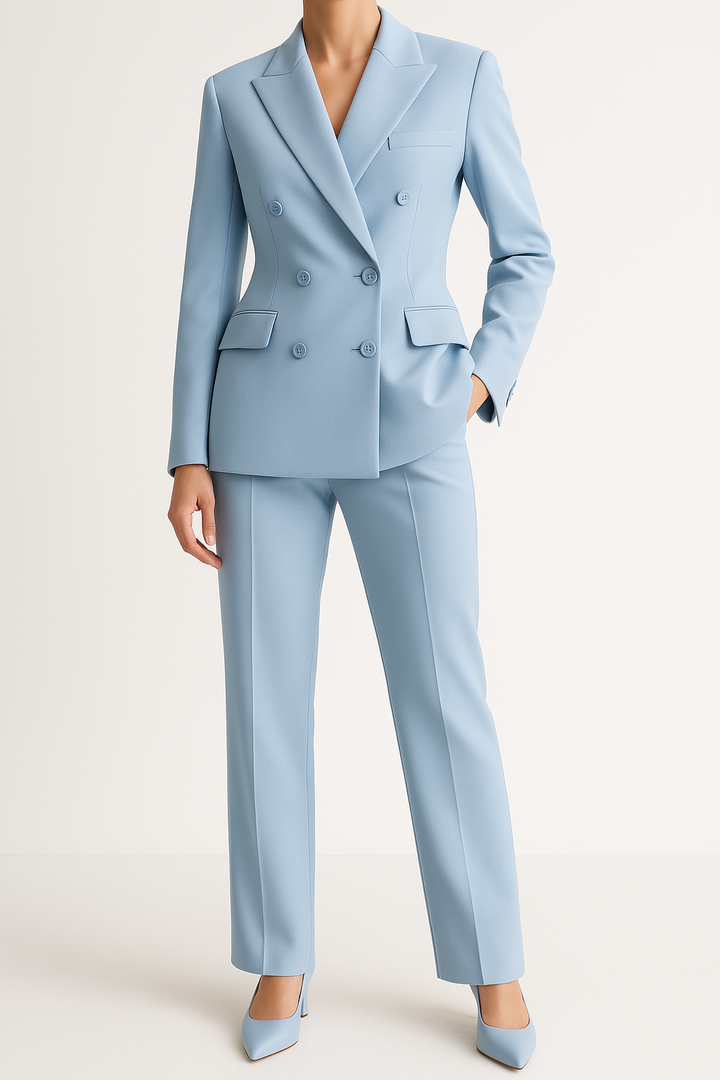 "Damen Hosenanzug mit Doppelreiher, elegant geschnitten, zeitloses Design in klassischen Farben für Büro und Anlässe."