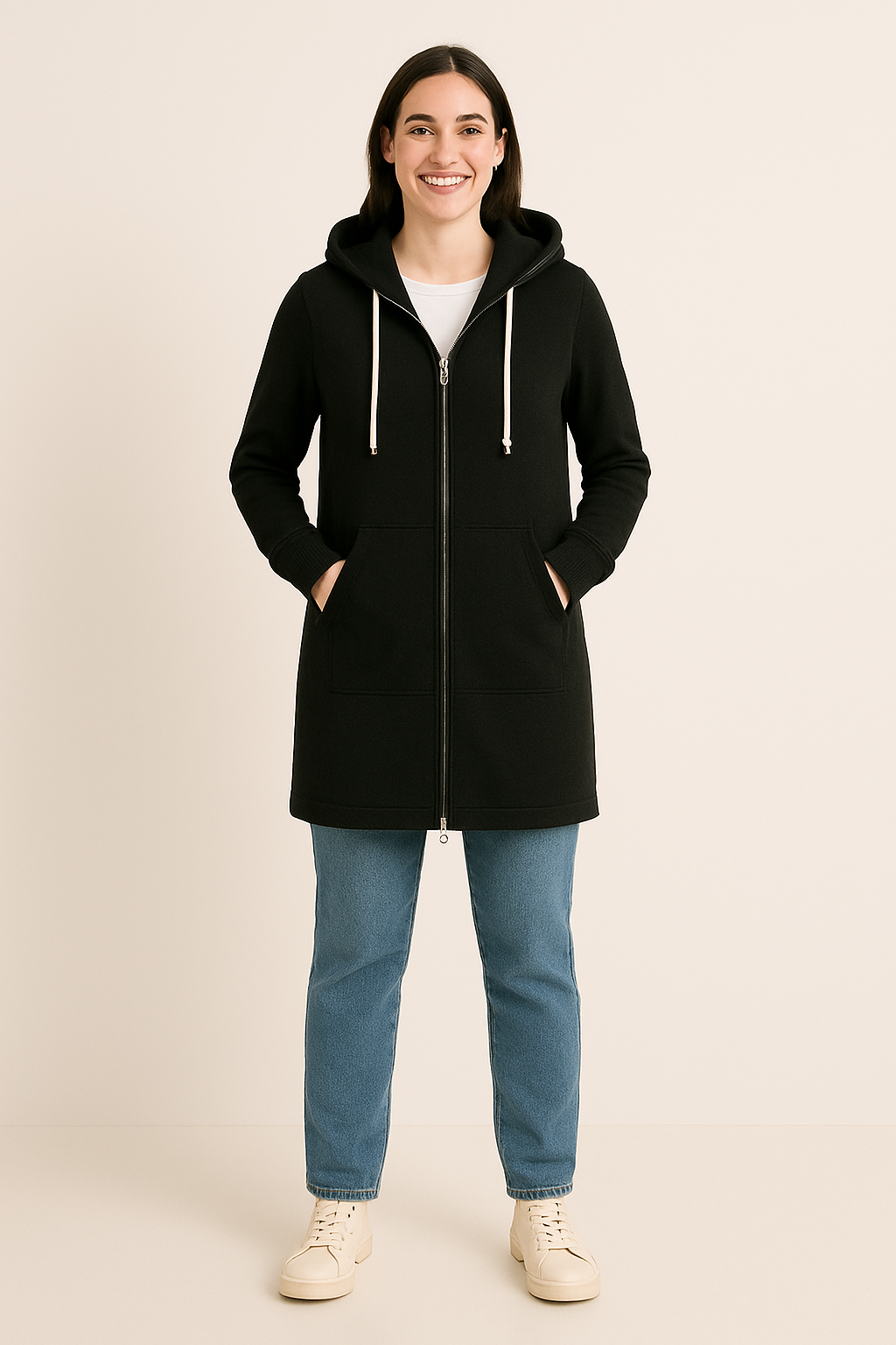 "Damen Knielanger Hoodie in Creme, weiches Material, knielang, lässiger Stil, Komfortmode, ideal für Freizeit und Zuhause."