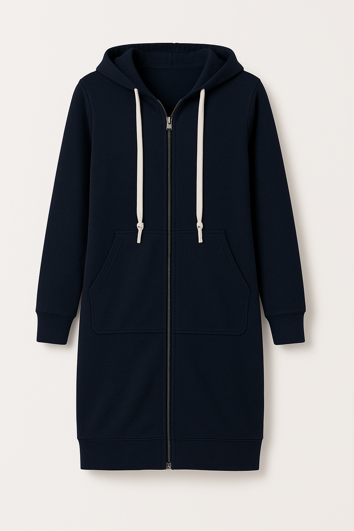 "Damen Knielanger Hoodie in Creme, weiches Material, knielang, lässiger Stil, Komfortmode, ideal für Freizeit und Zuhause."
