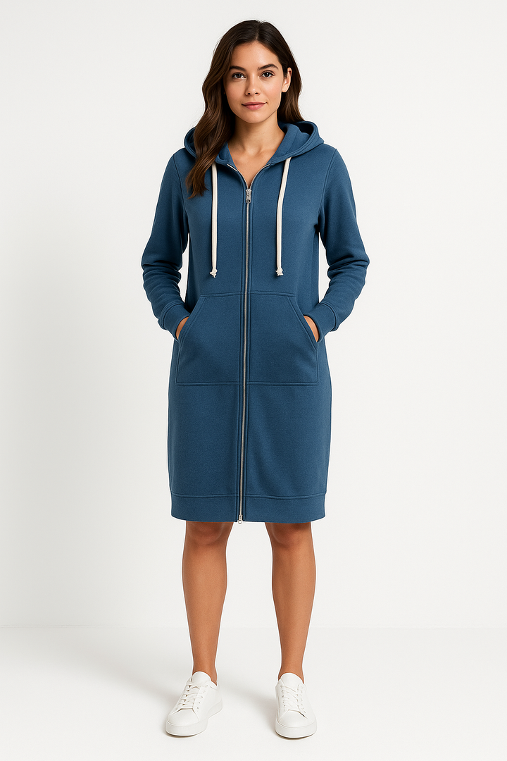 "Damen Knielanger Hoodie in Creme, weiches Material, knielang, lässiger Stil, Komfortmode, ideal für Freizeit und Zuhause."