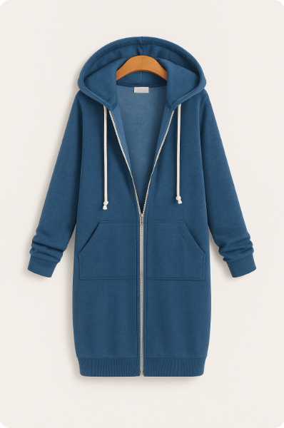 "Damen Knielanger Hoodie in Creme, weiches Material, knielang, lässiger Stil, Komfortmode, ideal für Freizeit und Zuhause."