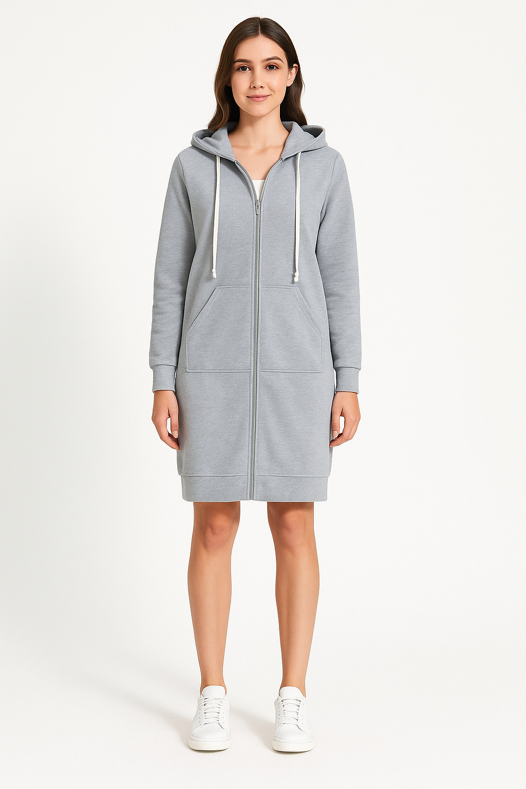 "Damen Knielanger Hoodie in Creme, weiches Material, knielang, lässiger Stil, Komfortmode, ideal für Freizeit und Zuhause."