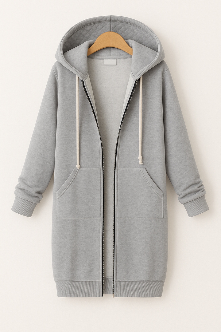 "Damen Knielanger Hoodie in Creme, weiches Material, knielang, lässiger Stil, Komfortmode, ideal für Freizeit und Zuhause."