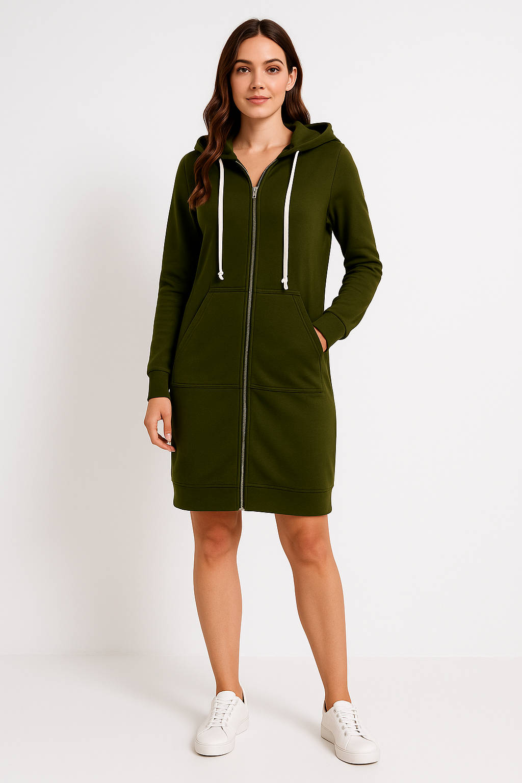 "Damen Knielanger Hoodie in Creme, weiches Material, knielang, lässiger Stil, Komfortmode, ideal für Freizeit und Zuhause."