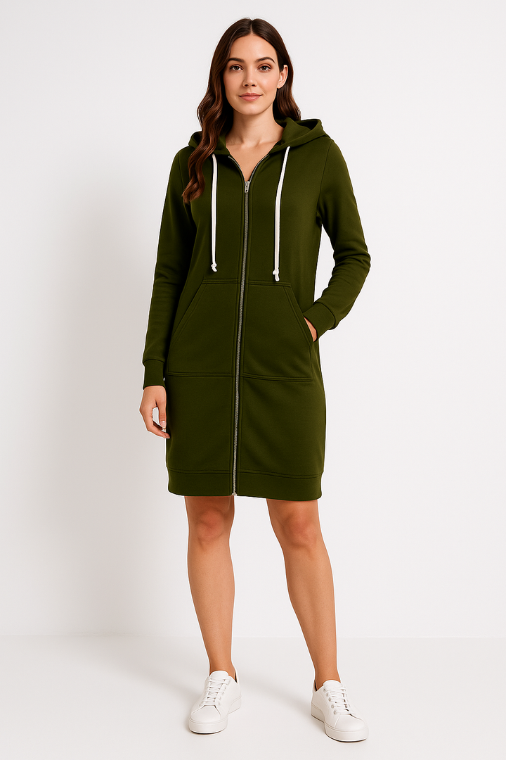 "Damen Knielanger Hoodie in Creme, weiches Material, knielang, lässiger Stil, Komfortmode, ideal für Freizeit und Zuhause."