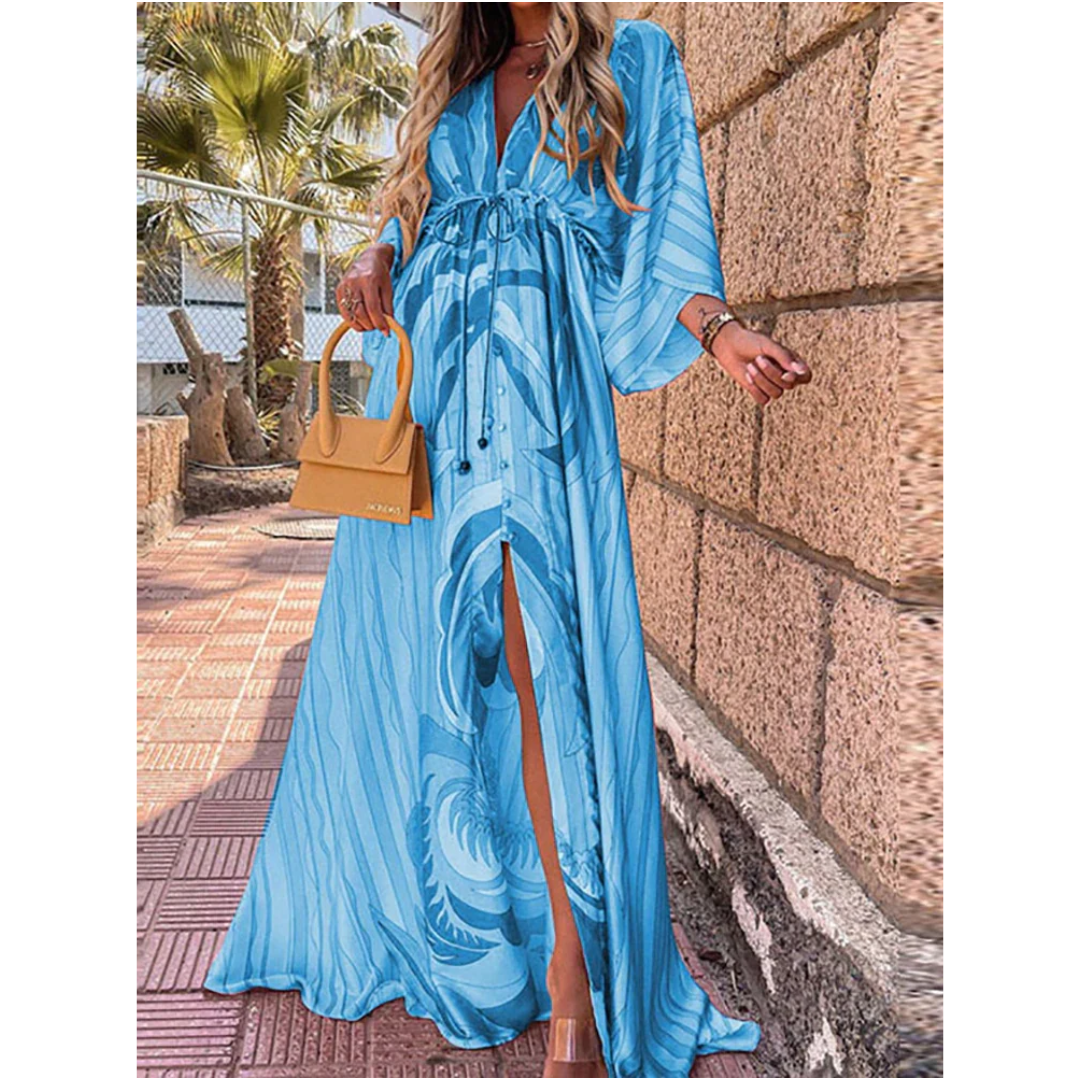 "Damen Maxi Kleid mit V-Ausschnitt, elegante Silhouette und Seitenschlitze in fließender Länge, ideal für besondere Anlässe"