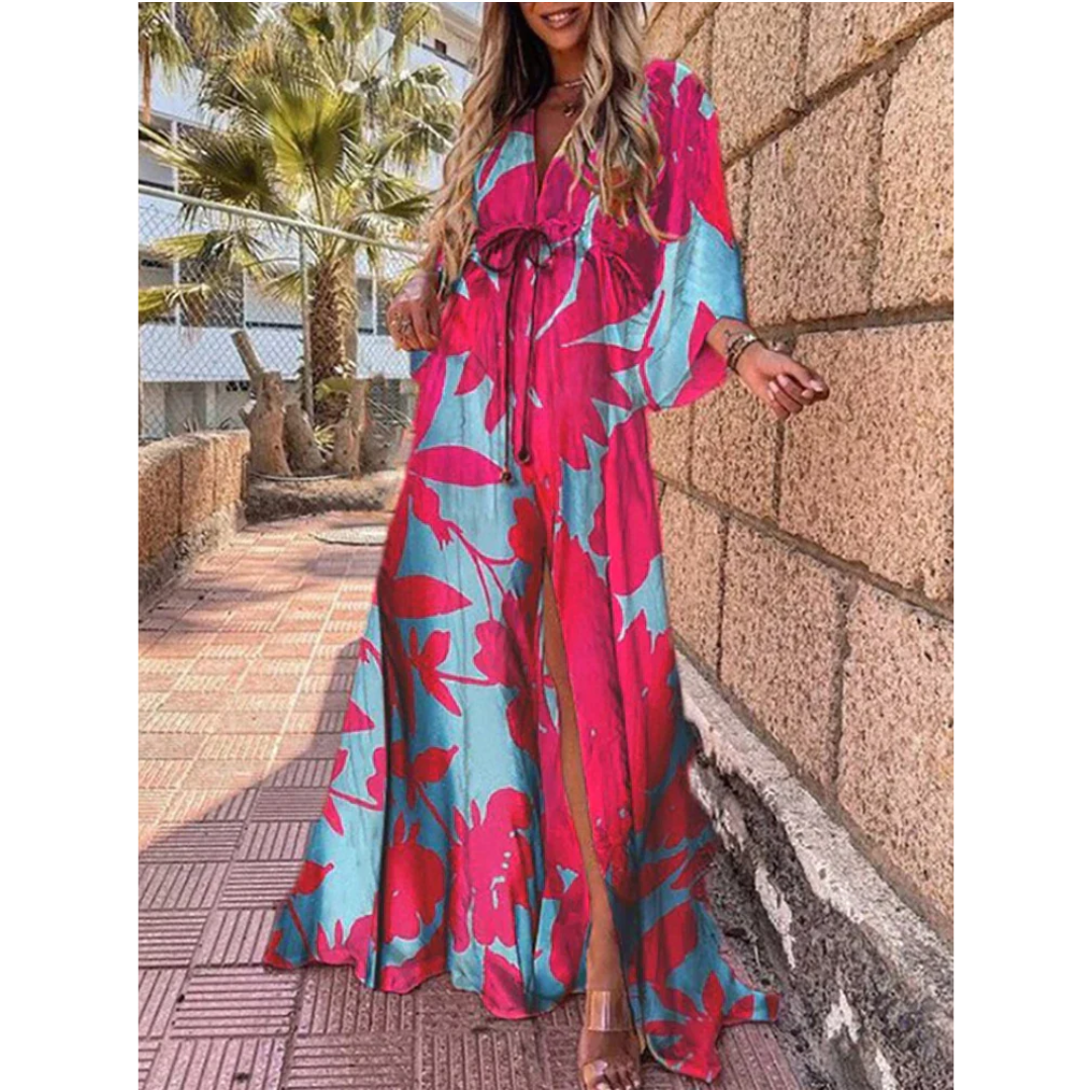 "Damen Maxi Kleid mit V-Ausschnitt, elegante Silhouette und Seitenschlitze in fließender Länge, ideal für besondere Anlässe"