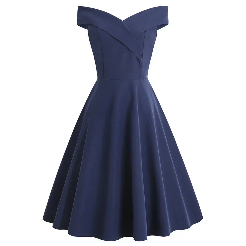 Damen Off-Shoulder Midi Kleid, A-Linie, Vintage-Stil, elegant und figurbetont, ideal für festliche Anlässe.