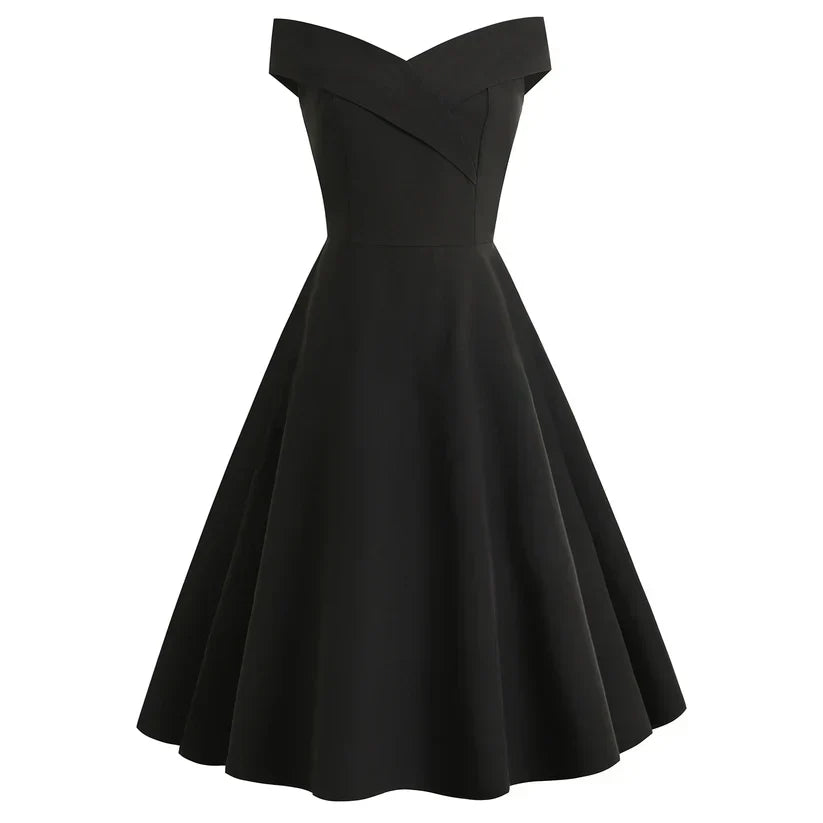 Damen Off-Shoulder Midi Kleid, A-Linie, Vintage-Stil, elegant und figurbetont, ideal für festliche Anlässe.