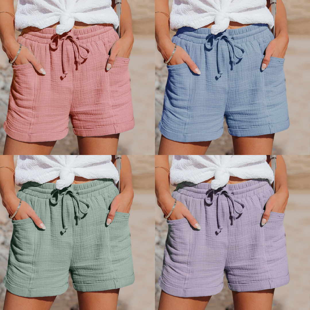 "Damen Shorts mit Kordelzug, leichtes Material, sommerlich, komfortabel und stilvoll, ideal für Freizeitlooks."