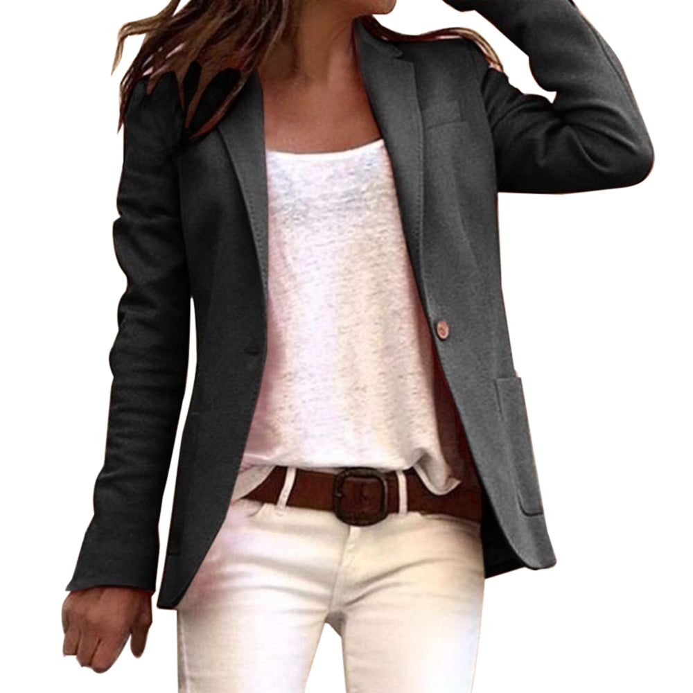 Damen Slim Fit Blazer in hellem Blau mit langen Ärmeln und klassischem Revers, ideal für Büro und elegante Anlässe.