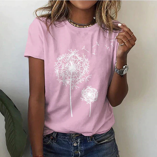 "Damen Sommer T-Shirt mit Rundhalsausschnitt, kurze Ärmel, leicht, atmungsaktiv, ideal für warmes Wetter, stilvolles Design."