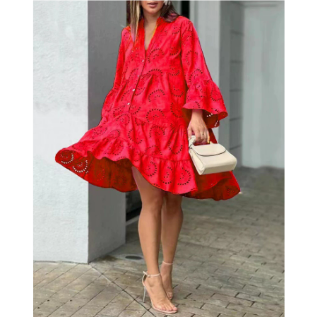 "Damen Sommerkleid mit V-Ausschnitt, knackiger Fuchsia-Ton, knielang, elegante Schlagärmel, perfekt für warme Tage."