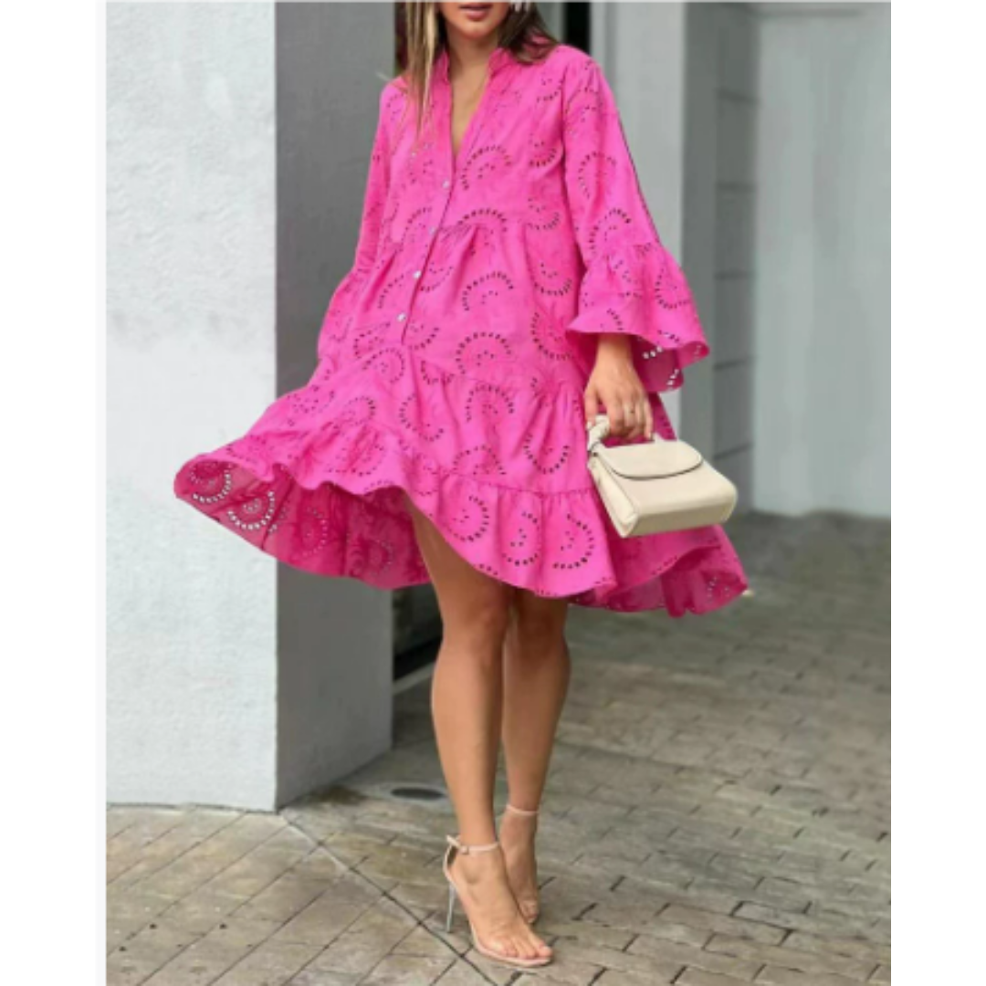 "Damen Sommerkleid mit V-Ausschnitt, knackiger Fuchsia-Ton, knielang, elegante Schlagärmel, perfekt für warme Tage."