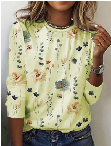 "Damen Strick-T-Shirt mit Blumenmuster und Rundhalsausschnitt, komfortabler Schnitt, ideal für Frühling und Herbst."