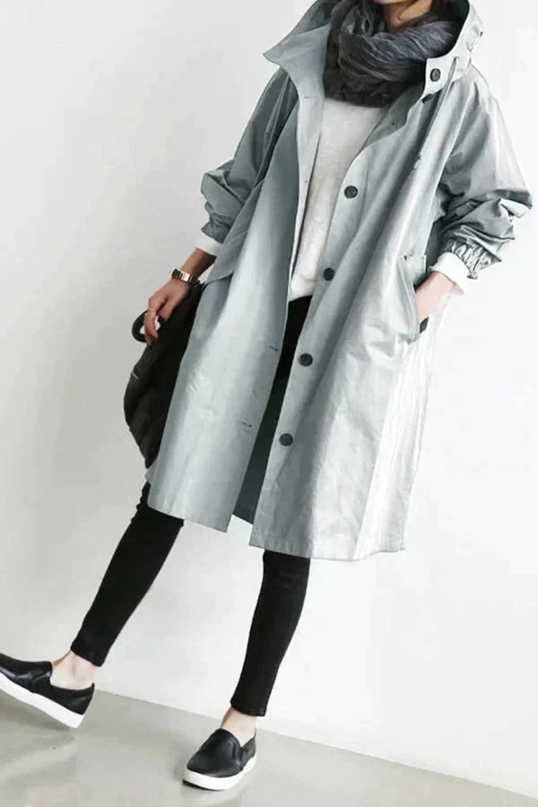"Damen Trenchcoat Einreiher, oversized, in beige mit verstellbaren Details und elastischen Bündchen für elegante Silhouette."