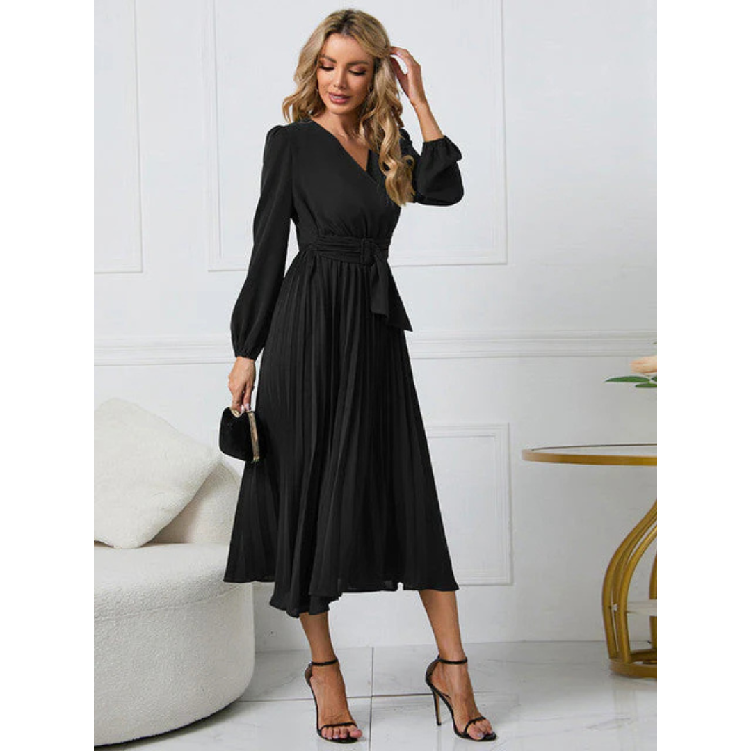 "Damen V-Ausschnitt Kleid, Plissee, Taillengürtel, Midi-Länge, femininer Chic, fließend, elegant, vielseitig, verschiedene Fa