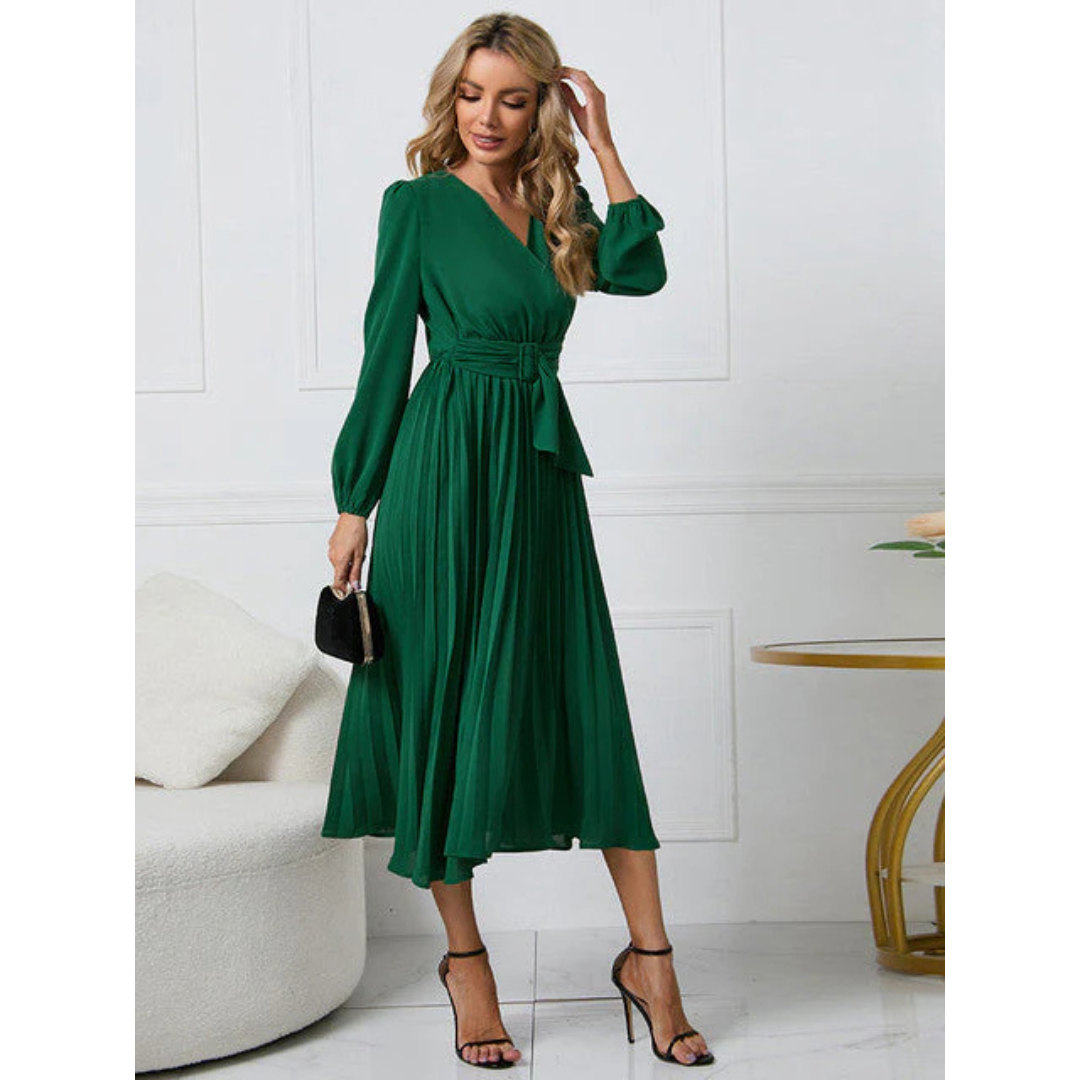 "Damen V-Ausschnitt Kleid, Plissee, Taillengürtel, Midi-Länge, femininer Chic, fließend, elegant, vielseitig, verschiedene Fa