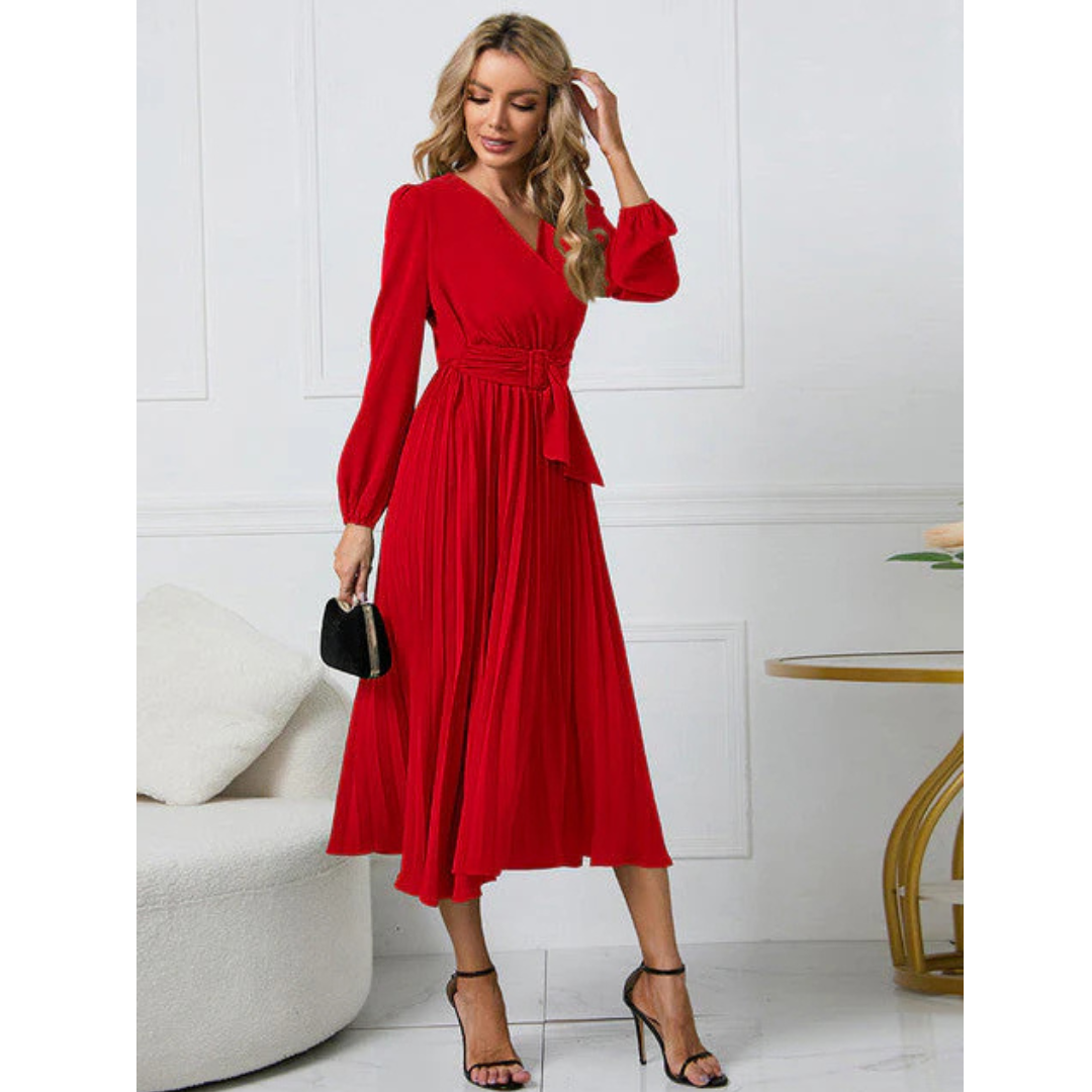 "Damen V-Ausschnitt Kleid, Plissee, Taillengürtel, Midi-Länge, femininer Chic, fließend, elegant, vielseitig, verschiedene Fa