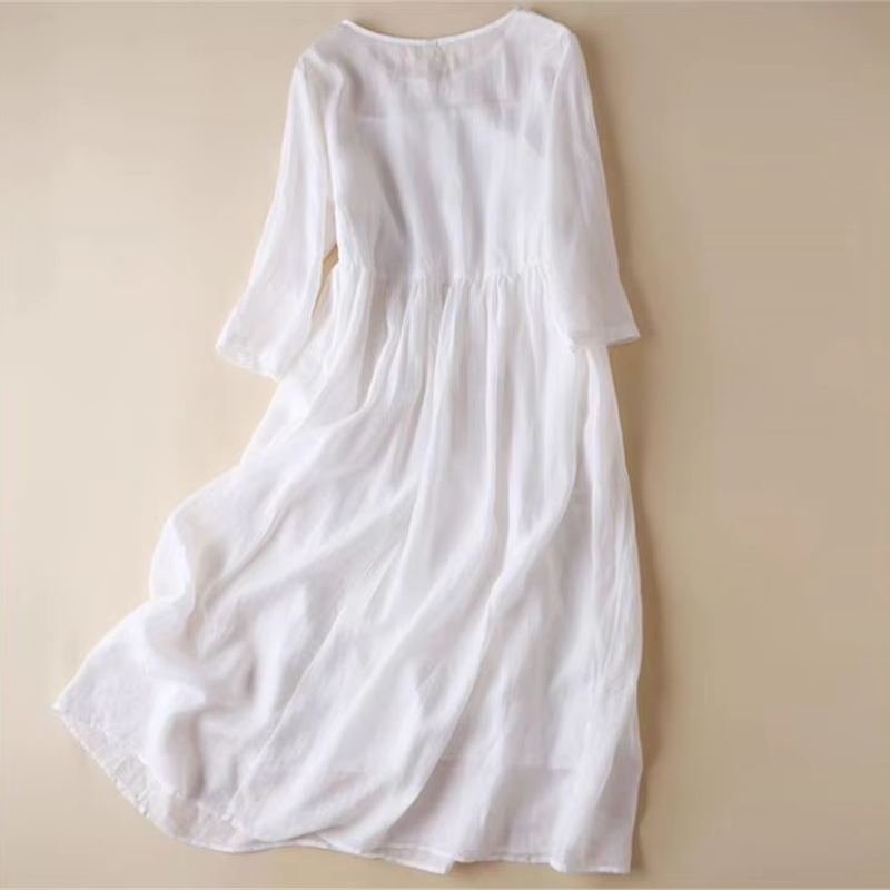 "Damen Vintage Boho Sommerkleid in Midi-Länge mit zarter Stickerei, figurbetontem Schnitt und fließender Silhouette"