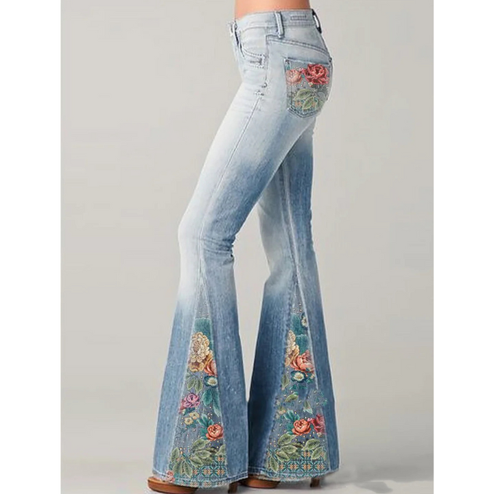 "Damen Vintage Jeans mit Blumenstickerei, ausgestellte Passform, elegante Silhouette, künstlerischer Retro-Stil"