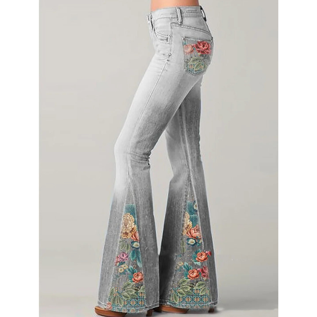 "Damen Vintage Jeans mit Blumenstickerei, ausgestellte Passform, elegante Silhouette, künstlerischer Retro-Stil"