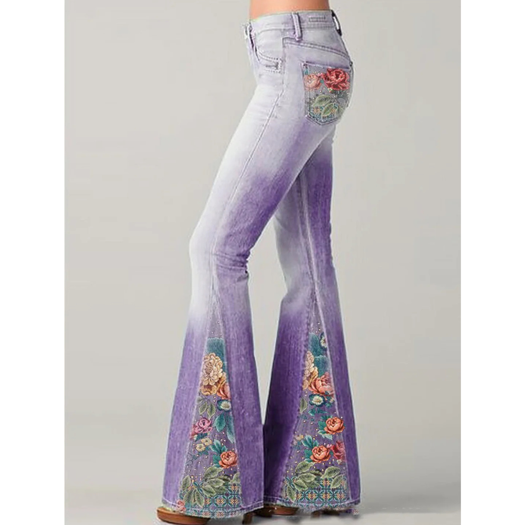"Damen Vintage Jeans mit Blumenstickerei, ausgestellte Passform, elegante Silhouette, künstlerischer Retro-Stil"