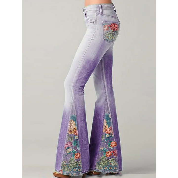 "Damen Vintage Jeans mit Blumenstickerei, ausgestellte Passform, elegante Silhouette, künstlerischer Retro-Stil"