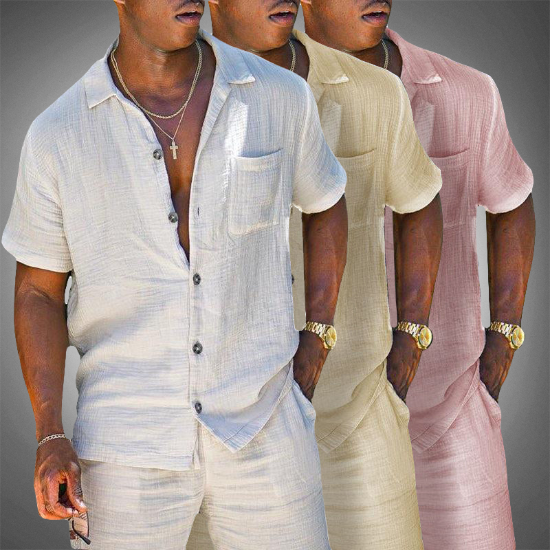 Stylish men's lightweight linen blend short sleeve set, versatile for summer, beach, or comfortable home wear.
