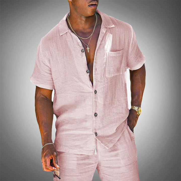 Breathable men's short sleeve linen blend loungewear set, ideal for hot weather comfort and casual style.