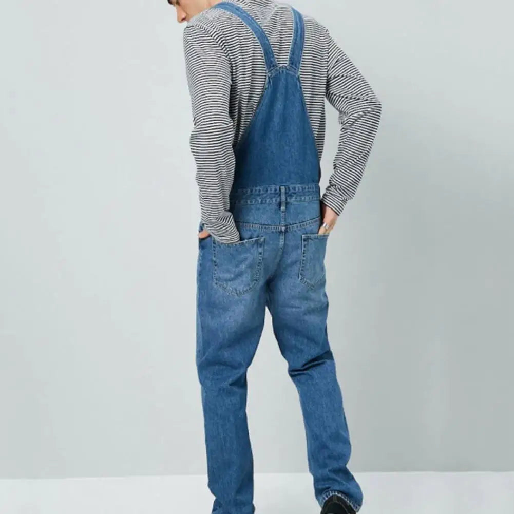 "Denim Jumpsuit für Herren mit Taschen - Frontansicht, atmungsaktiv und vielseitig für jedes Outfit."