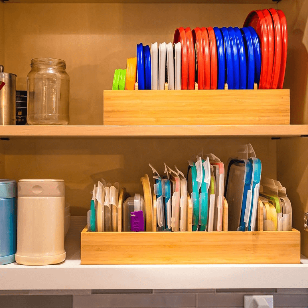 Verstellbarer Bambus-Deckelorganizer für Küche