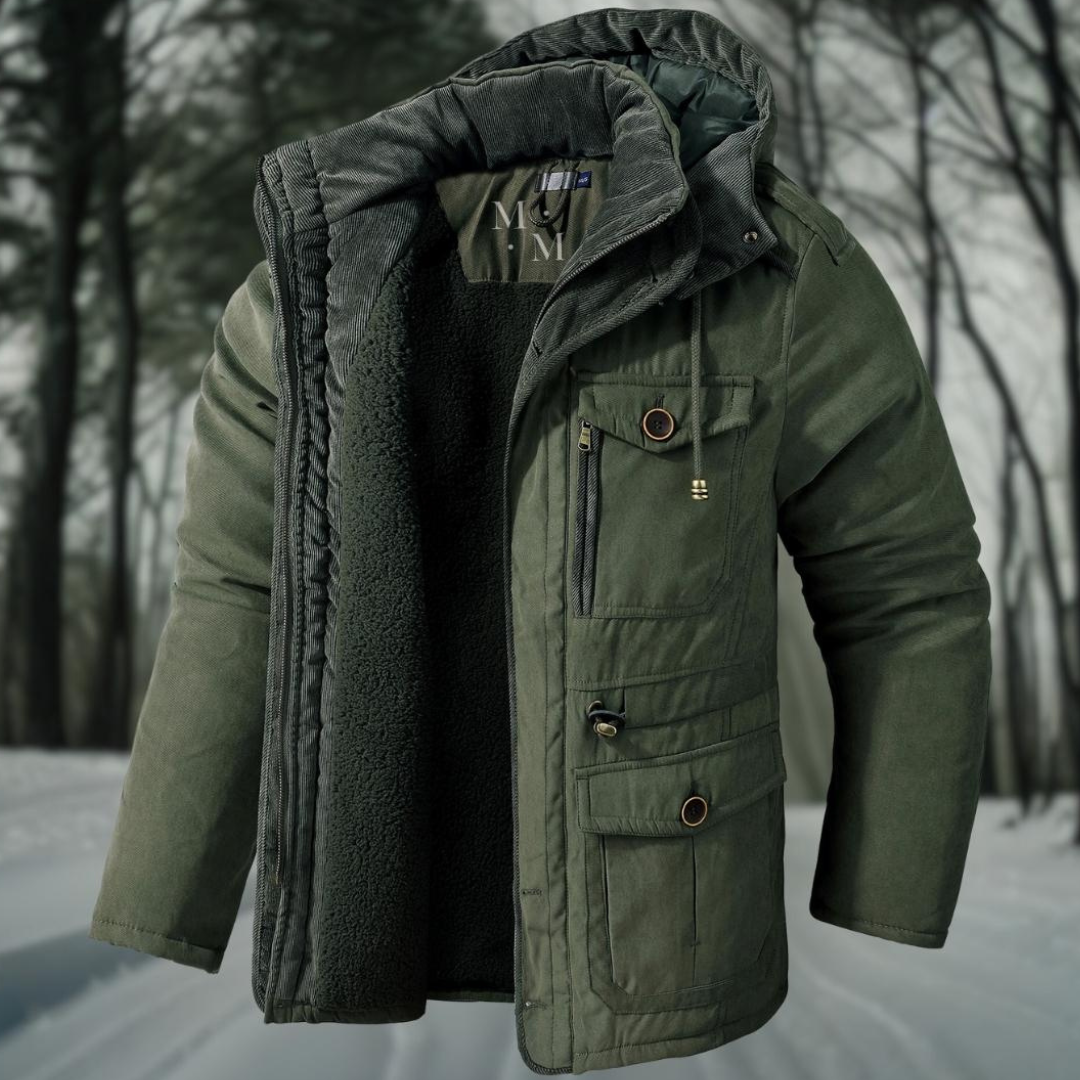 "Dicke Winterjacke Herren, robust, warm, stilvoll, geeignet für kalte Tage, elegante Details sichtbar, komfortabler Sitz."
