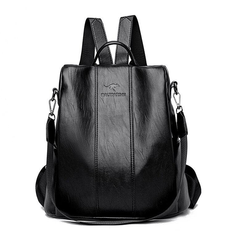"Diebstahlsicherer Lederrucksack Damen, Vintage Stil, Schwarz, vielseitige Tragetasche aus hochwertigem PU-Leder."