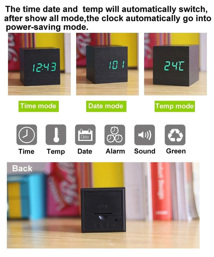 "Digitale Tischuhr mit modernem, minimalistischem Würfeldesign aus Holz, ideal für Schreibtisch oder Regal, kompakte Größe."