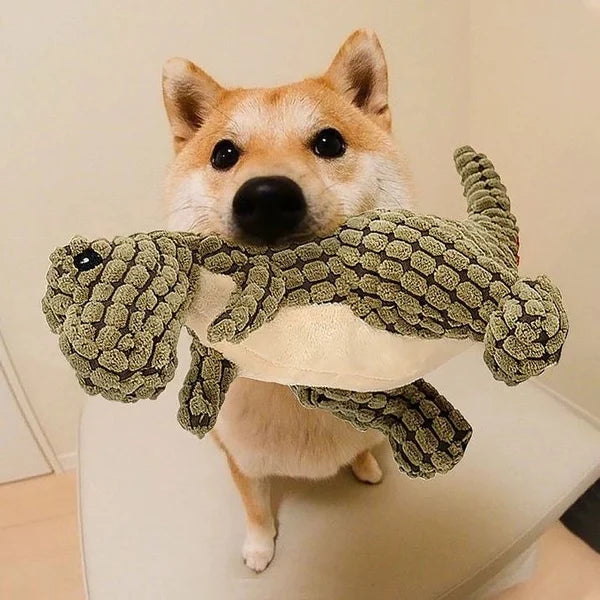Green dinosaur plush chew toy, designed for dogs. Interactive pet toy made with durable, eco-friendly materials.