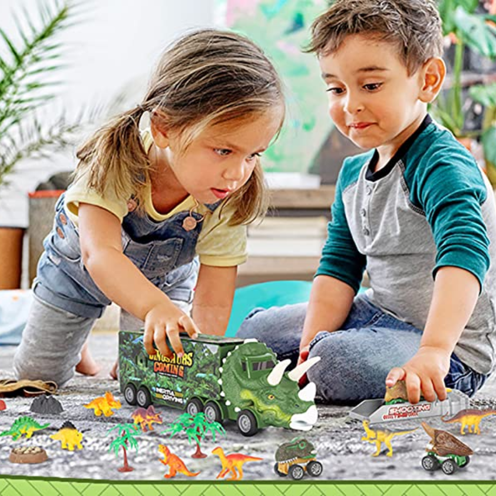 "Dinosaurier-Transporter Spielzeug für Kinder, bunte Truckfront in Triceratops-Form mit Mini-Dinos und robustem Design."