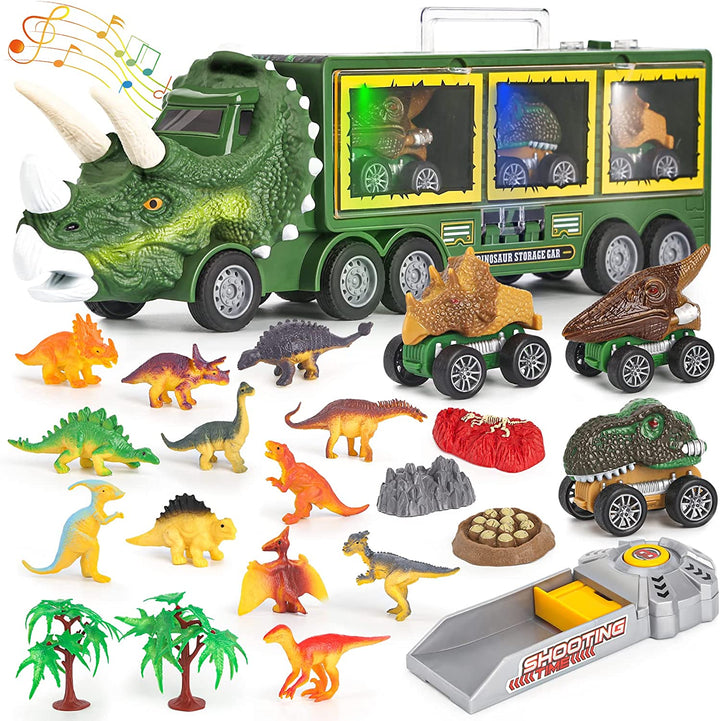 "Dinosaurier-Transporter Spielzeug für Kinder, bunte Truckfront in Triceratops-Form mit Mini-Dinos und robustem Design."