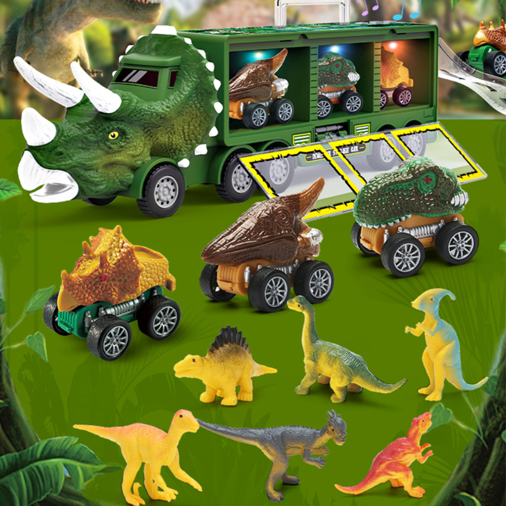 "Dinosaurier-Transporter Spielzeug für Kinder, bunte Truckfront in Triceratops-Form mit Mini-Dinos und robustem Design."