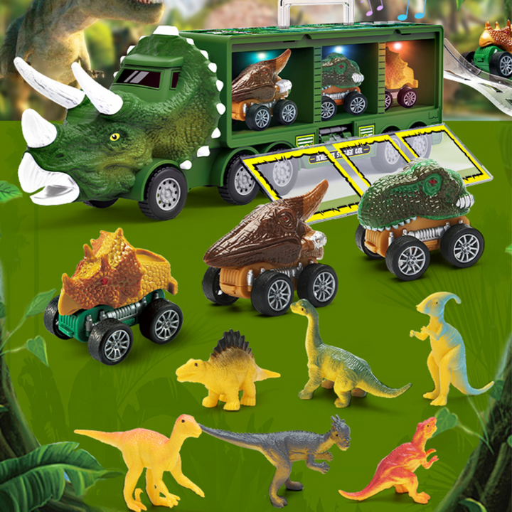"Dinosaurier-Transporter Spielzeug für Kinder, bunte Truckfront in Triceratops-Form mit Mini-Dinos und robustem Design."