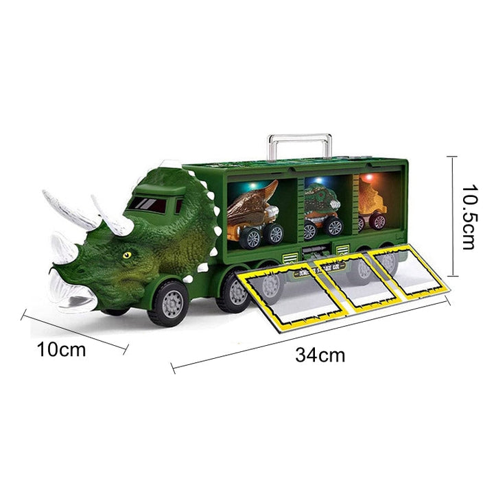 "Dinosaurier-Transporter Spielzeug für Kinder, bunte Truckfront in Triceratops-Form mit Mini-Dinos und robustem Design."
