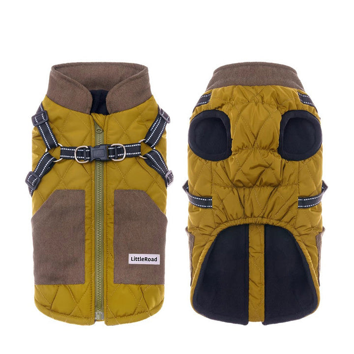 Khaki waterproof dog jacket: 3-in-1 winter coat with integrated harness