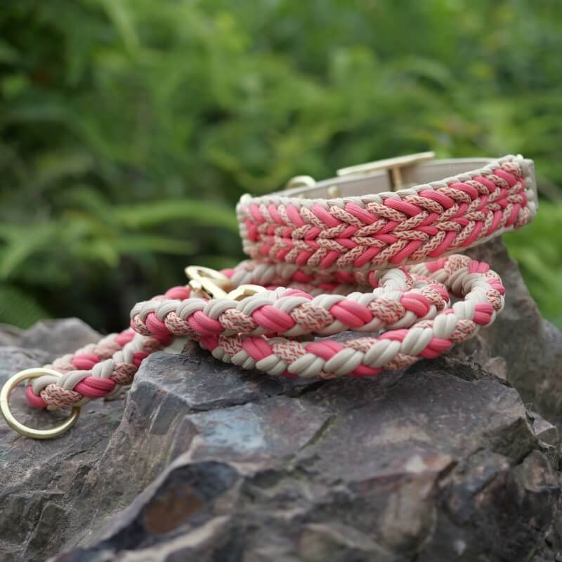 Stylish dog anti-pull collar and leash set, hand-woven from hemp rope, accented with high-quality faux leather