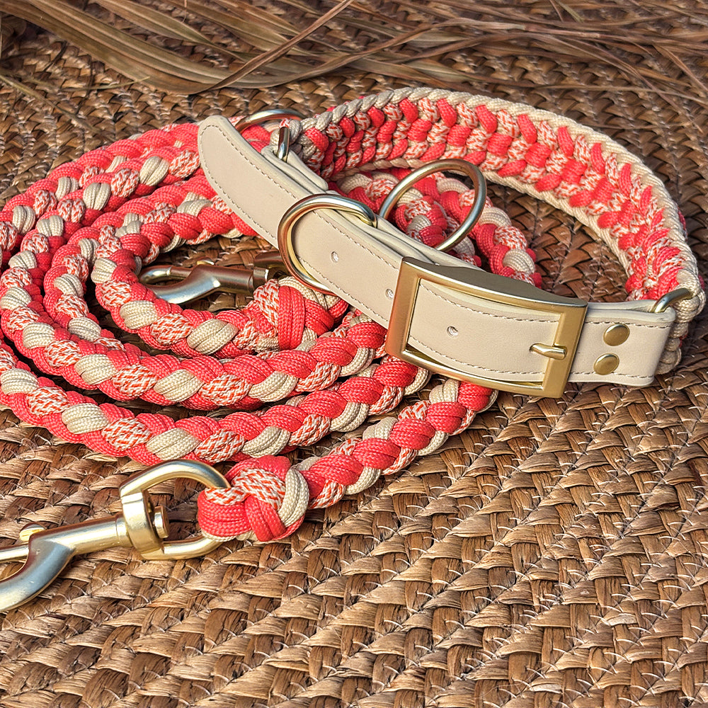 Anti-pull dog collar and leash set, rustic hand-woven hemp rope with brown faux leather, ideal for dog training